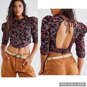 Free People Black Pink Floral Cropped Corset Top Open Back Puff Sleeve Size Sm